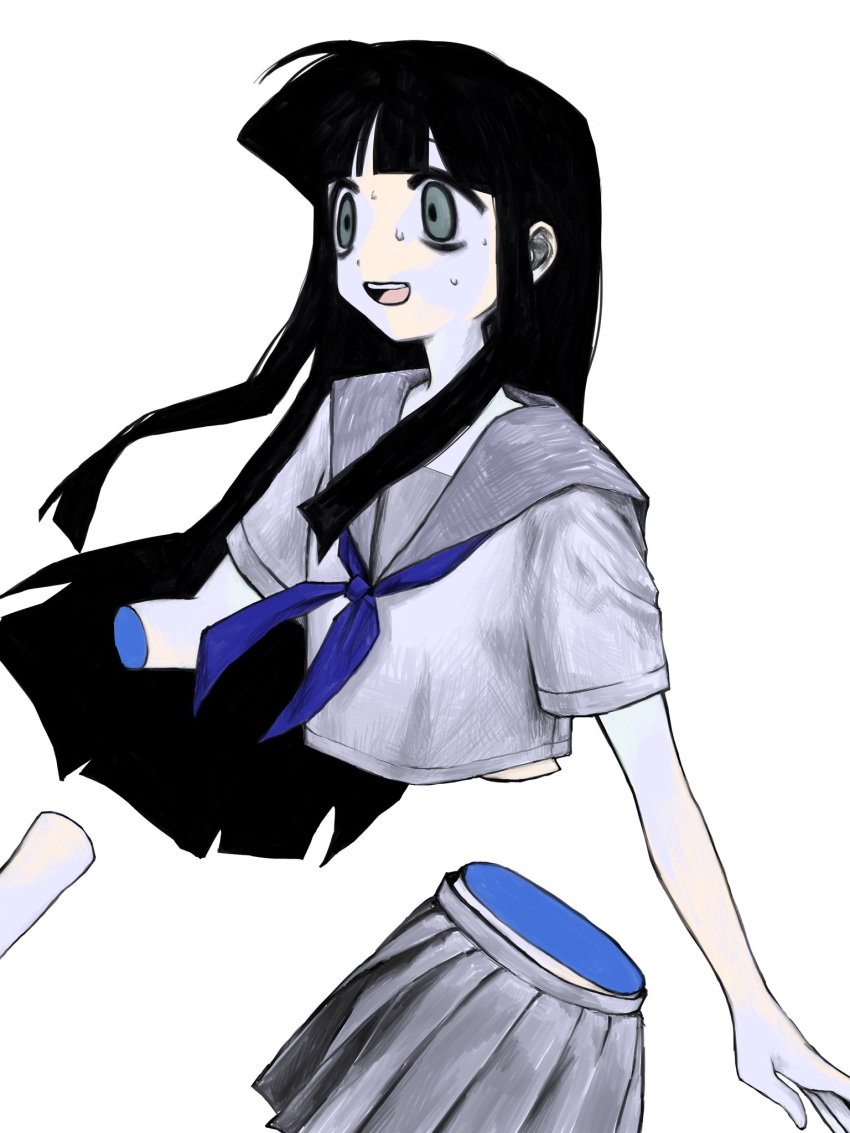 black_hair blue_neckerchief female grey_eyes grey_sailor_collar grey_skirt highres kei_(63277k) long_hair miniskirt neckerchief open_mouth original pleated_skirt sailor_collar school_uniform serafuku severed_hand severed_torso short_sleeves simple_background skirt solo sweat white_background