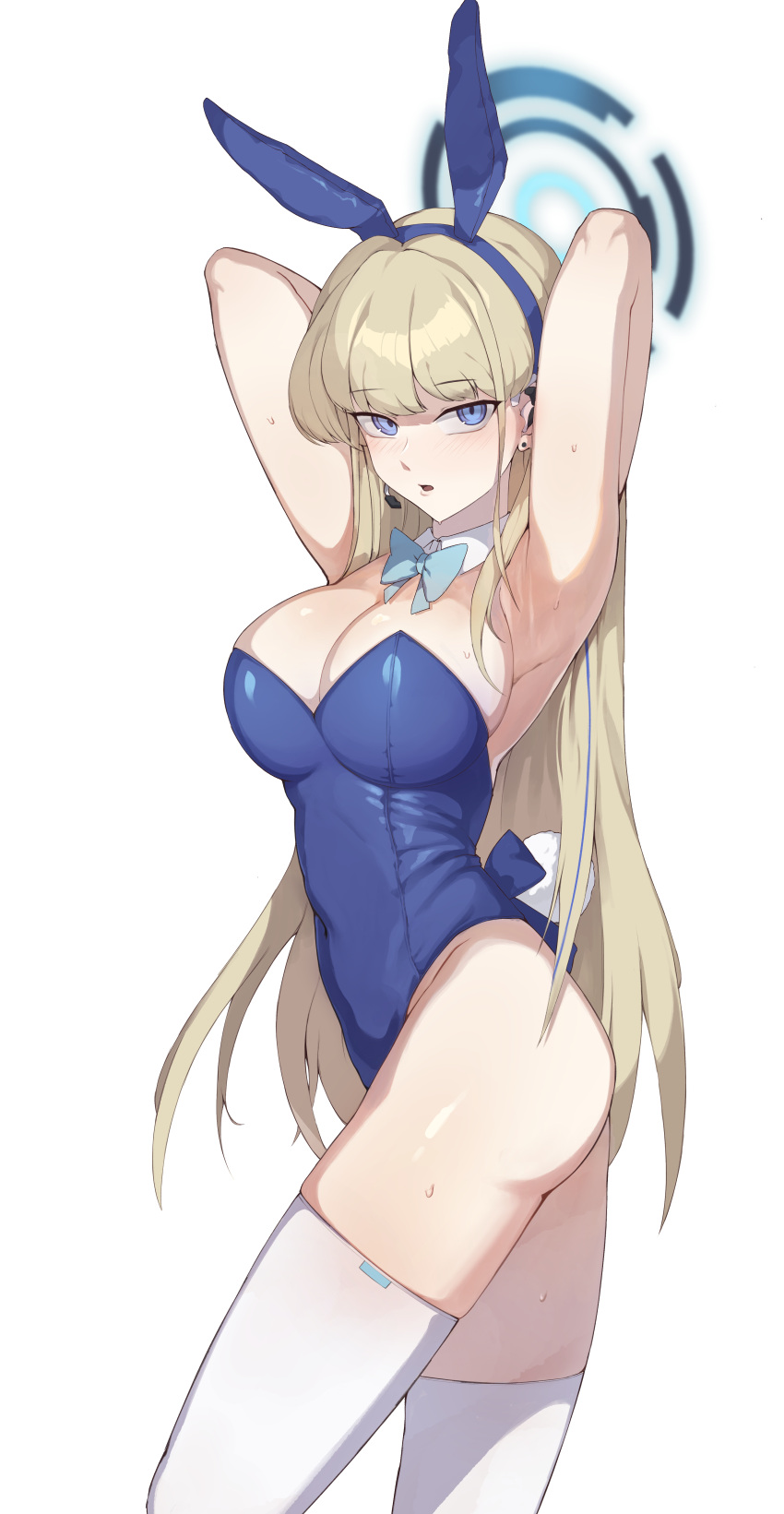 absurdres animal_ears aqua_bow aqua_bowtie arms_behind_head blonde_hair blue_archive blue_eyes blue_halo blue_leotard bow bowtie breasts cleavage commentary_request detached_collar fake_animal_ears fake_tail female halo highres iver_(reviolet) korean_commentary large_breasts leotard long_hair looking_at_viewer playboy_bunny rabbit_ears rabbit_tail simple_background solo standing tail thighhighs thighs toki_(blue_archive) toki_(bunny)_(blue_archive) white_background white_thighhighs