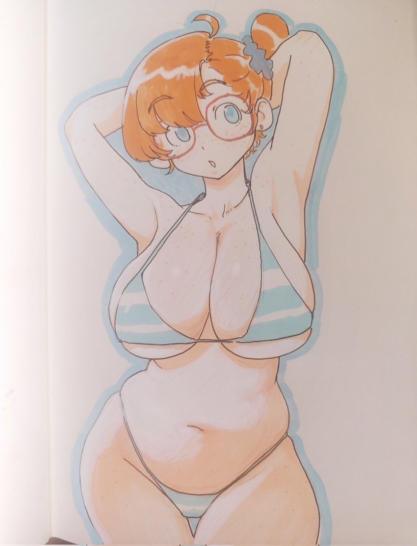 arm_behind_head armpits bikini blue_eyes breasts colo_(nagrolaz) ear_piercing female glasses highres large_breasts marker_(medium) navel orange_hair original piercing plump red-framed_eyewear rita_(sweethex) short_hair simple_background swimsuit thigh_gap thong traditional_media white_background