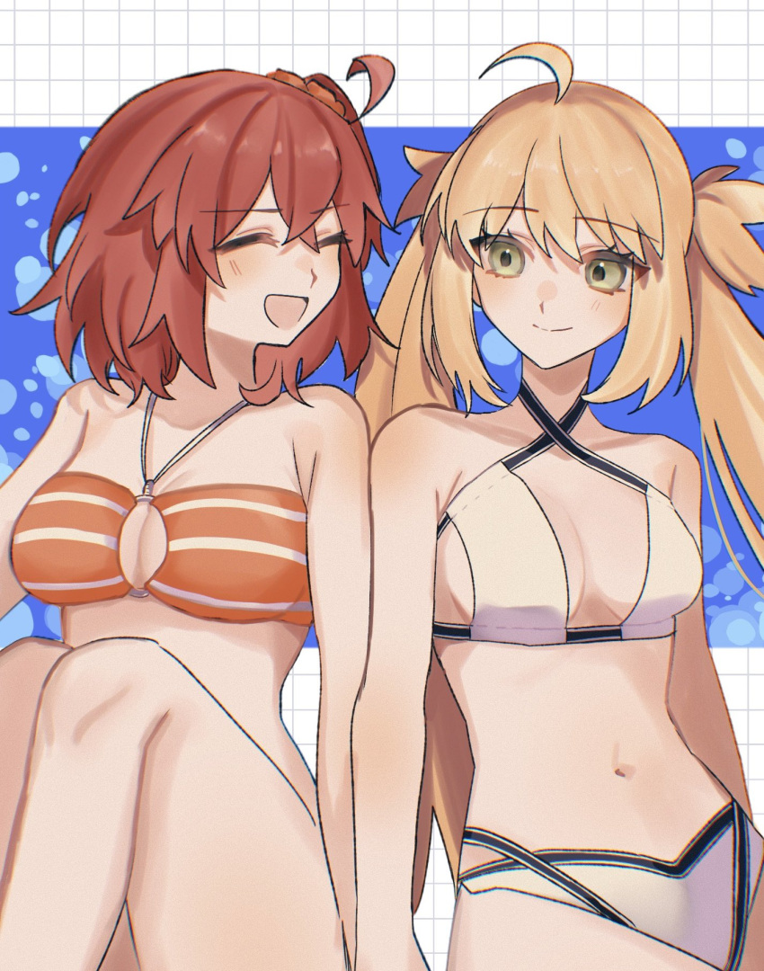 2girls 710_ao ahoge artoria_caster_(fate) artoria_caster_(swimsuit)_(fate) artoria_caster_(swimsuit)_(first_ascension)_(fate) artoria_pendragon_(fate) bikini blonde_hair breasts fate/grand_order fate_(series) fujimaru_ritsuka_(female) fujimaru_ritsuka_(female)_(brilliant_summer) green_eyes highres holding_hands medium_breasts multiple_girls navel orange_hair smile striped_bikini striped_clothes swimsuit twintails white_bikini