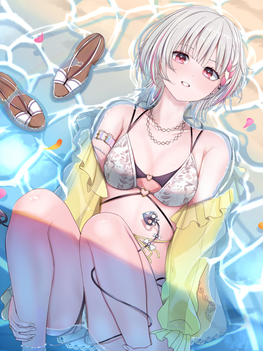 arm_belt asumi_sena asumi_sena_(vspo!_summer_2024) bikini blush bow braid braided_bangs chain_necklace chains cut_bangs demon_tail extra_tails female floral_print_bikini from_above grin hatogayar heart_o-ring highres jacket jewelry knees_up layered_bikini looking_at_viewer lying multi-strapped_bikini_bottom multi-strapped_bikini_top necklace o-ring o-ring_bikini off_shoulder on_back partially_submerged petals pink_eyes pink_hair sandals see-through short_hair smile solo string_bikini swimsuit tail tail_bow tail_ornament tail_wrap virtual_youtuber vspo! water white_bow white_hair wolf_cut yellow_jacket