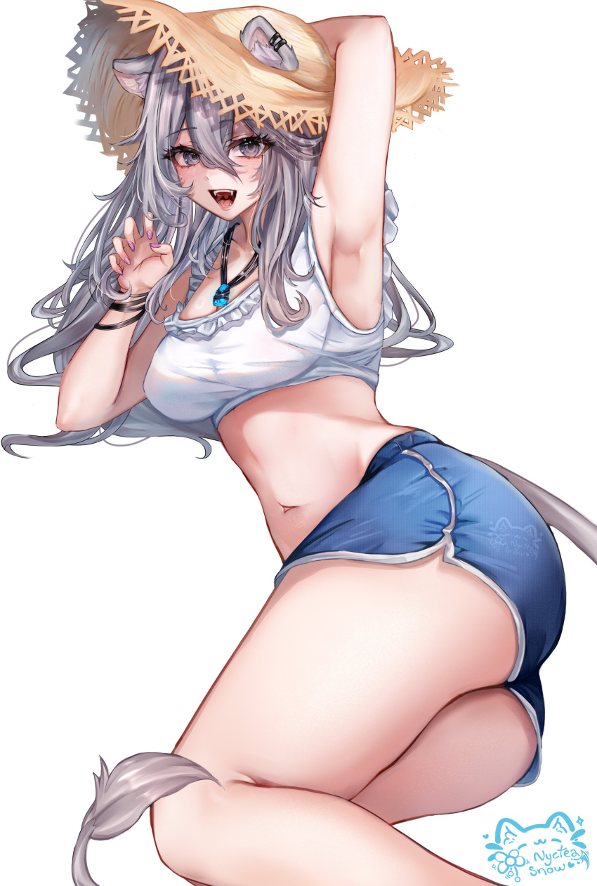 absurdres animal_ears arm_behind_head arm_up armpits breasts claw_pose crop_top dolphin_shorts ears_through_headwear fangs female grey_eyes grey_hair hair_between_eyes hat highres hololive jewelry large_breasts lion_ears lion_girl lion_tail long_hair looking_at_viewer lying necklace nyctea_snow on_side open_mouth shirt shishiro_botan shorts smile solo straw_hat sun_hat tail virtual_youtuber white_shirt