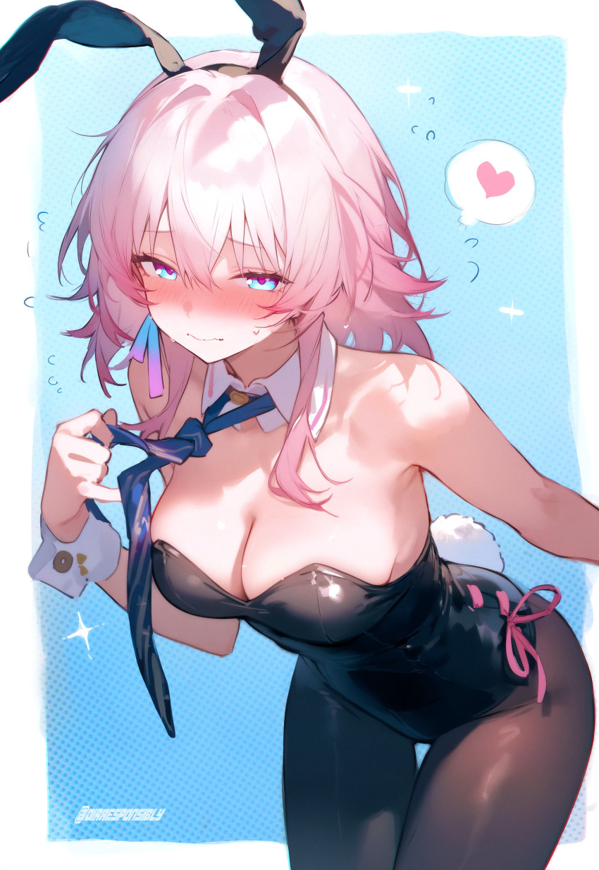 absurdres ai-assisted animal_ears artist_name bare_shoulders black_leotard blue_background blue_eyes blush border bow breasts cleavage closed_mouth clothes_grab collarbone cowboy_shot detached_collar dirresponsibly fake_animal_ears female flying_sweatdrops hair_between_eyes heart highres honkai:_star_rail honkai_(series) leaning_forward leotard long_hair looking_at_viewer march_7th_(honkai:_star_rail) medium_breasts necktie necktie_grab neckwear_grab outside_border pantyhose pink_hair pink_ribbon playboy_bunny rabbit_ears rabbit_tail ribbon sidelocks simple_background solo speech_bubble spoken_heart standing strapless strapless_leotard sweat tail thigh_gap thighs twitter_username white_border wrist_cuffs