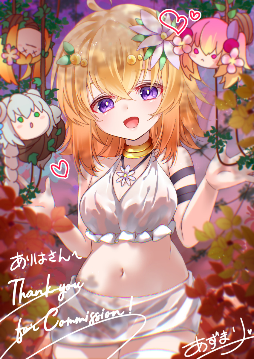 4girls absurdres ahoge az_mary breasts commission crop_top duel_monster flower hair_flower hair_ornament highres looking_at_viewer medium_breasts medium_hair midriff multiple_girls navel purple_eyes smile solo_focus traptrix_genlisea traptrix_mantis traptrix_nepenthes traptrix_pudica yu-gi-oh!