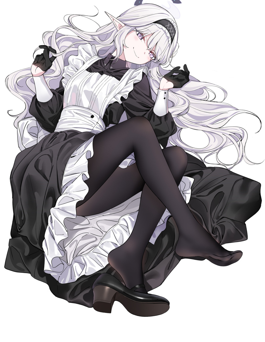 black_gloves black_pantyhose blue_archive elf feet frilled_sleeves frills gloves high_heels highres light_smile maid nakamura_rohane pantyhose pointy_ears purple_eyes shoe_dangle white_background white_hair