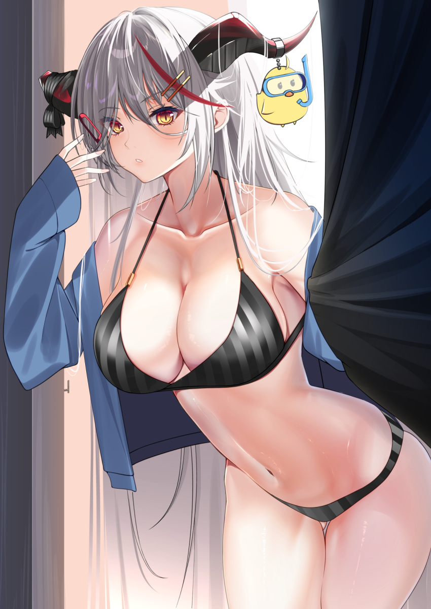 aegir_(azur_lane) ahoge alternate_costume azur_lane bikini black_bikini black_ribbon blue_shirt breasts cleavage collarbone commentary_request diving_mask female goggles hair_on_horn hair_ornament hairclip highres horns inui_kentarou large_breasts long_hair manjuu_(azur_lane) multicolored_hair navel parted_lips red_hair red_horns ribbon shirt slit_pupils snorkel streaked_hair striped_bikini striped_clothes swimsuit white_hair yellow_eyes