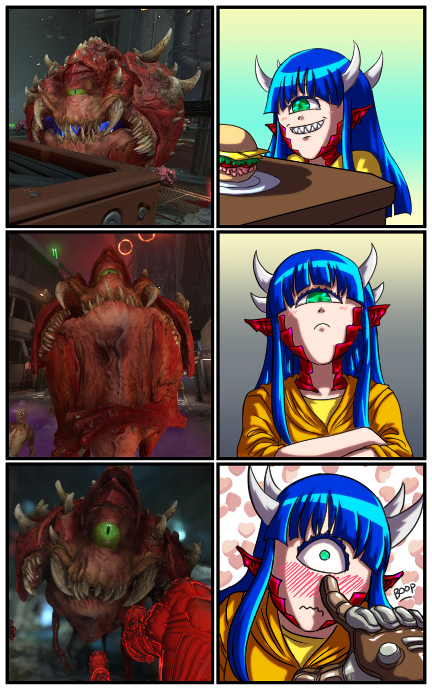 3d blue_hair blush burger cacodemon commentary comparison creature_and_personification crossed_arms cyclops demon_girl doom_(series) doom_eternal doomguy embarrassed english_commentary extra_teeth female food green_eyes grin heart highres horns looking_at_viewer monster_girl nose_blush one-eyed personification pinky_demon pointy_ears poking_nose pov pov_hands reference_inset sharp_teeth shirt smile spikes substance20 surprised teeth the_possessed upper_body wavy_mouth yellow_shirt