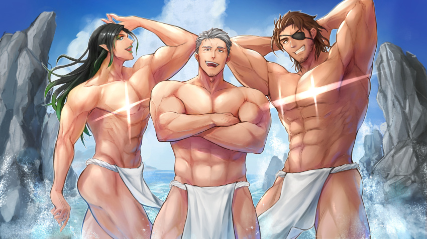 3boys abs alternate_costume armpits arms_behind_head ass atari_69 bara belmond_banderas blue_sky brown_hair cliff commentary crossed_arms eyepatch eyeshadow facial_hair fundoshi glowing_nipples goatee granblue_fantasy granblue_fantasy_(style) green_eyeshadow green_hair grey_hair grin hanabatake_chaika highres japanese_clothes large_pectorals lipstick loincloth long_hair maimoto_keisuke makeup male_focus male_underwear manly mature_male multiple_boys muscular muscular_male navel nijisanji nipples outdoors parody pectorals pelvic_curtain short_hair sideburns sky smile stomach stubble textless_version thick_thighs thighs topless_male underwear underwear_only virtual_youtuber water white_male_underwear