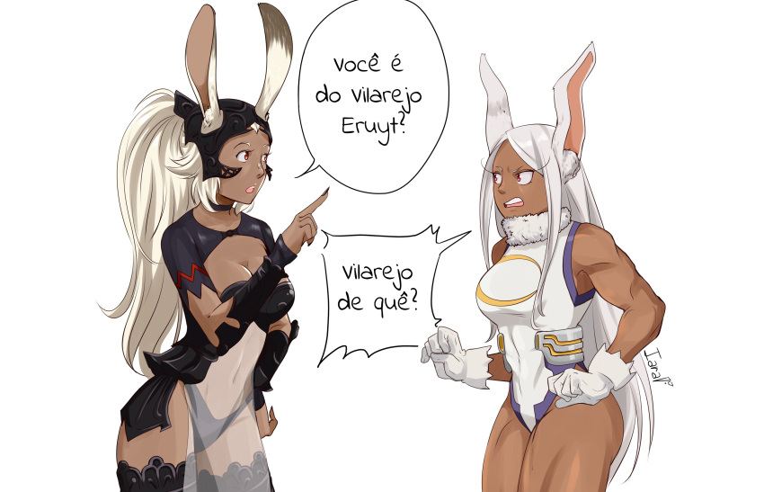 2girls absurdres animal_ear_fluff animal_ears arm_up bare_shoulders boku_no_hero_academia breasts cleavage cleavage_cutout clothing_cutout cropped_legs crossover dark-skinned_female dark_skin ears_through_headwear eyelashes final_fantasy final_fantasy_xii fingernails fran_(ff12) fur_collar gloves grey_hair helmet highleg highleg_leotard highres iaranaika leotard long_hair look-alike mirko multiple_girls muscular muscular_female navel open_mouth portuguese_commentary portuguese_text rabbit_ears rabbit_girl red_eyes revealing_clothes see-through simple_background species_connection speech_bubble thighs trait_connection translated vambraces viera weapon white_background white_gloves white_hair