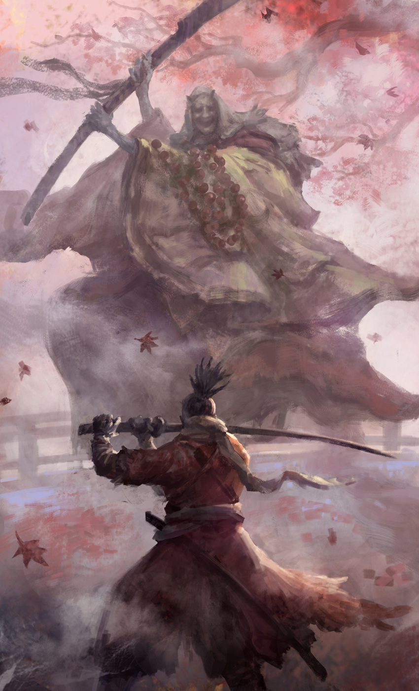 1boy battle beads black_hair corrupted_monk duel facing_another falling_leaves feet_out_of_frame female fighting_stance from_behind hand_wraps haori highres holding holding_polearm holding_sword holding_weapon japanese_clothes katana kimono leaf maple_leaf mask monk ninja oni_mask outdoors polearm ponytail prayer_beads scabbard scarf sekiro sekiro:_shadows_die_twice sheath short_hair short_ponytail size_difference standing sword weapon white_scarf wide_sleeves zhuoxin_ye