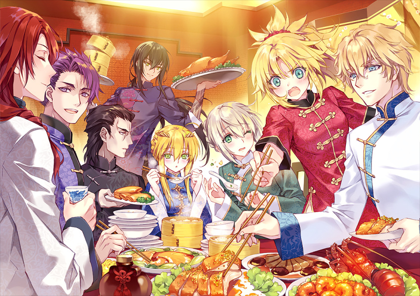 2girls 6+boys :d agravain_(fate) ahoge artoria_pendragon_(fate) artoria_pendragon_(lancer)_(fate) bad_id bad_pixiv_id bamboo_steamer bedivere_(fate) black_hair blonde_hair blue_eyes bottle bowl_stack braid braided_bun carnelian ceiling_light changpao china_dress chinese_clothes chinese_food chinese_text chopsticks closed_eyes closed_mouth commentary_request cup dress dropping dumpling fate/apocrypha fate/extra fate/grand_order fate_(series) feast food gawain_(fate) green_eyes grey_hair hair_between_eyes hair_bun hair_slicked_back holding holding_chopsticks holding_cup holding_plate holding_spoon holding_tray jacket knights_of_the_round_table_(fate) lancelot_(fate/grand_order) lettuce lobster long_hair mordred_(fate) mordred_(fate/apocrypha) multiple_boys multiple_girls one_eye_closed open_mouth parted_bangs parted_lips peking_duck_(food) photoshop_(medium) plate plate_stack ponytail purple_eyes purple_hair red_hair red_jacket shark_fin_soup short_hair shrimp sidelocks signature single_braid single_hair_bun smile spoon spring_roll steam surprised table tangzhuang tray tristan_(fate) upper_body very_long_hair yan_qing_(fate) yellow_eyes