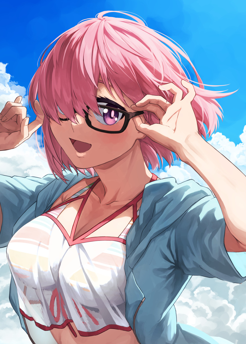 absurdres adjusting_eyewear alternate_costume amami_tokko arms_up bikini black-framed_eyewear blue_jacket blue_sky breasts cloud collarbone commentary_request day fate/grand_order fate_(series) female floating_hair glasses hair_over_one_eye highres hood hood_down hooded_jacket jacket large_breasts looking_at_viewer mash_kyrielight mash_kyrielight_(swimsuit_of_perpetual_summer_ver.02) multicolored_bikini multicolored_clothes multicolored_swimsuit official_alternate_costume one_eye_covered open_clothes open_jacket open_mouth outdoors pink_hair purple_eyes see-through short_hair sky smile solo striped_bikini striped_clothes swimsuit upper_body