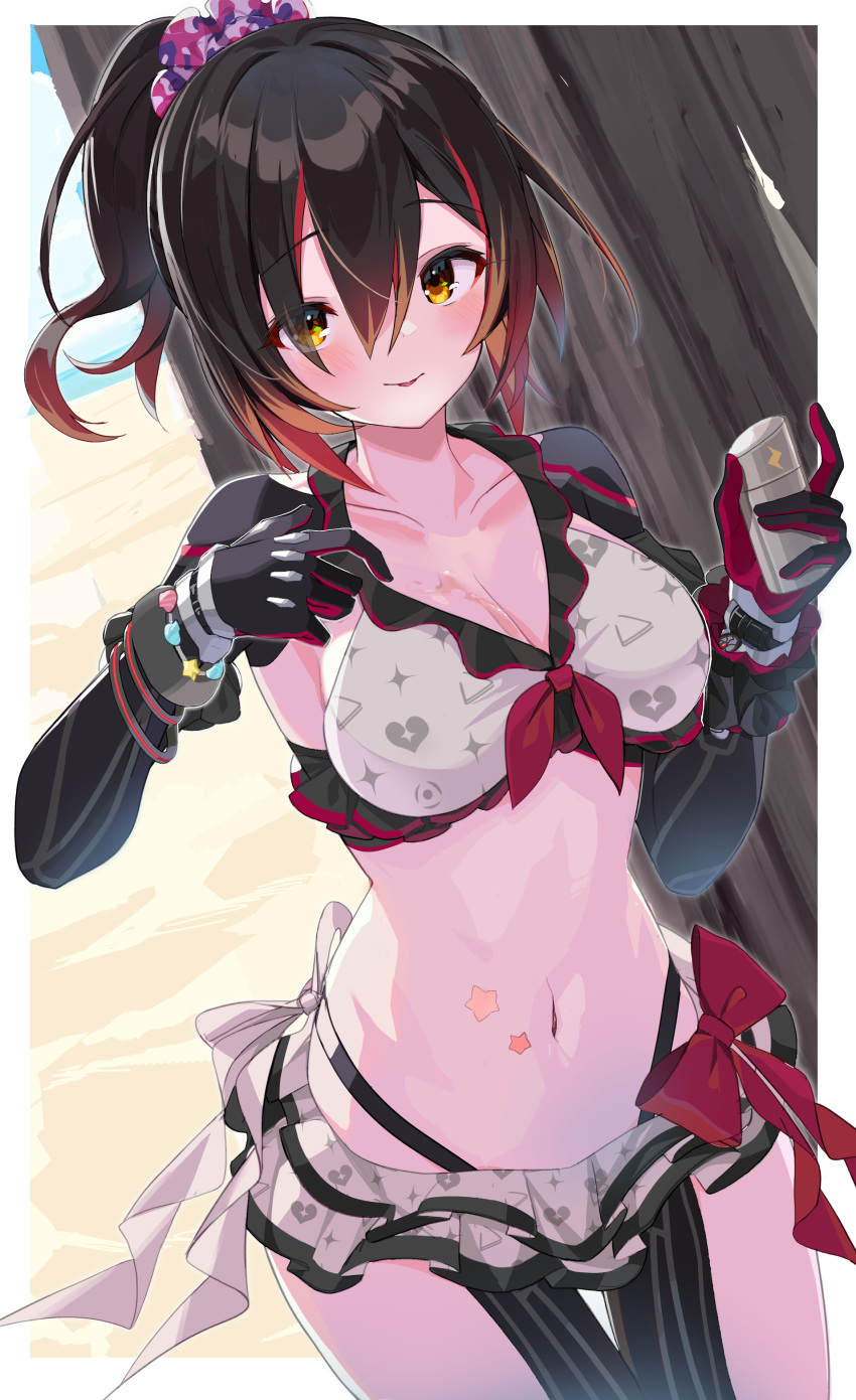 :p absurdres android bikini blush bow bracelet breasts brown_hair cleavage female frilled_bikini frilled_skirt frills gloves hair_between_eyes hair_ornament high_ponytail highres holding hololive hololive_summer_2022_swimsuit jewelry long_hair looking_at_viewer mechanical_arms mechanical_legs miniskirt multicolored_hair official_alternate_costume pink_hair ribbon roboco-san robot satobitob science_fiction skirt solo star_(symbol) swimsuit thigh_gap tongue tongue_out virtual_youtuber yellow_eyes