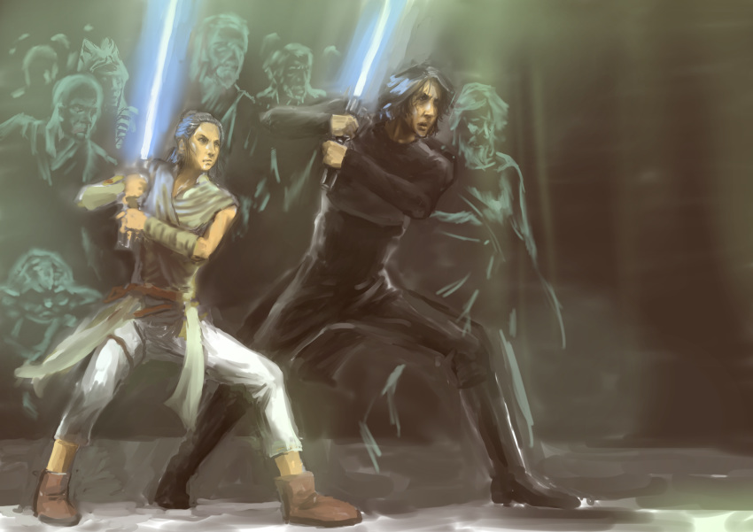 2girls ahsoka_tano alien battle beard ben_solo black_hair boots commentary_request crowd energy_sword facial_hair fantasy force_ghost friends ghost highres hoihoimer jedi lightsaber long_hair luke_skywalker mace_windu multiple_boys multiple_girls obi-wan_kenobi pointy_ears ponytail qui-gon_jinn realistic rey_(star_wars) science_fiction spoilers star_wars star_wars:_the_rise_of_skywalker sword togruta tunic uniform weapon yoda