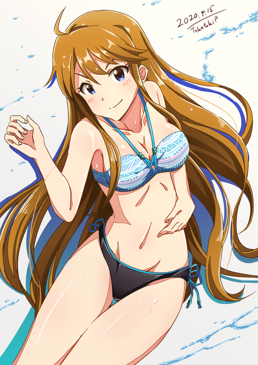 absurdres ahoge artist_name bikini black_bikini blue_eyes breasts brown_hair cleavage collarbone commentary_request cowboy_shot dated female highres idolmaster idolmaster_million_live! long_hair looking_at_viewer medium_breasts mismatched_bikini navel side-tie_bikini_bottom solo swimsuit takatsuki_p thigh_gap tokoro_megumi white_background