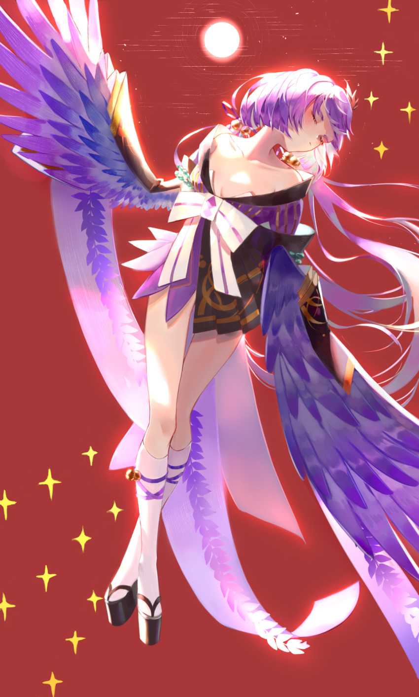 breasts cleavage closed_eyes commentary_request dr4v3n feathered_wings feathers female hair_ornament harpy highres itsumade_(onmyoji) japanese_clothes long_hair monster_girl onmyoji purple_hair solo sparkle wide_sleeves winged_arms wings