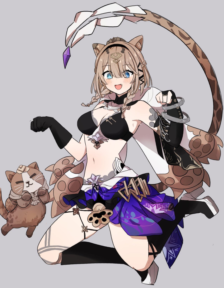 :d animal animal_ears bikini black_bikini black_footwear black_gloves black_hairband blue_eyes blush boots braid breasts bridal_gauntlets brown_hair can_(honkai_impact) cat_ears cat_girl cat_tail cleavage commentary_request feline female full_body gloves grey_background hair_between_eyes hair_ornament hair_over_shoulder hairband hairclip hands_up heterochromia high_heel_boots high_heels highres honkai_(series) honkai_impact_3rd knee_boots kuromu_shado long_hair looking_at_viewer medium_breasts navel oerba_yun_fang pardofelis_(honkai_impact) simple_background single_bridal_gauntlet single_glove smile swimsuit tail twin_braids