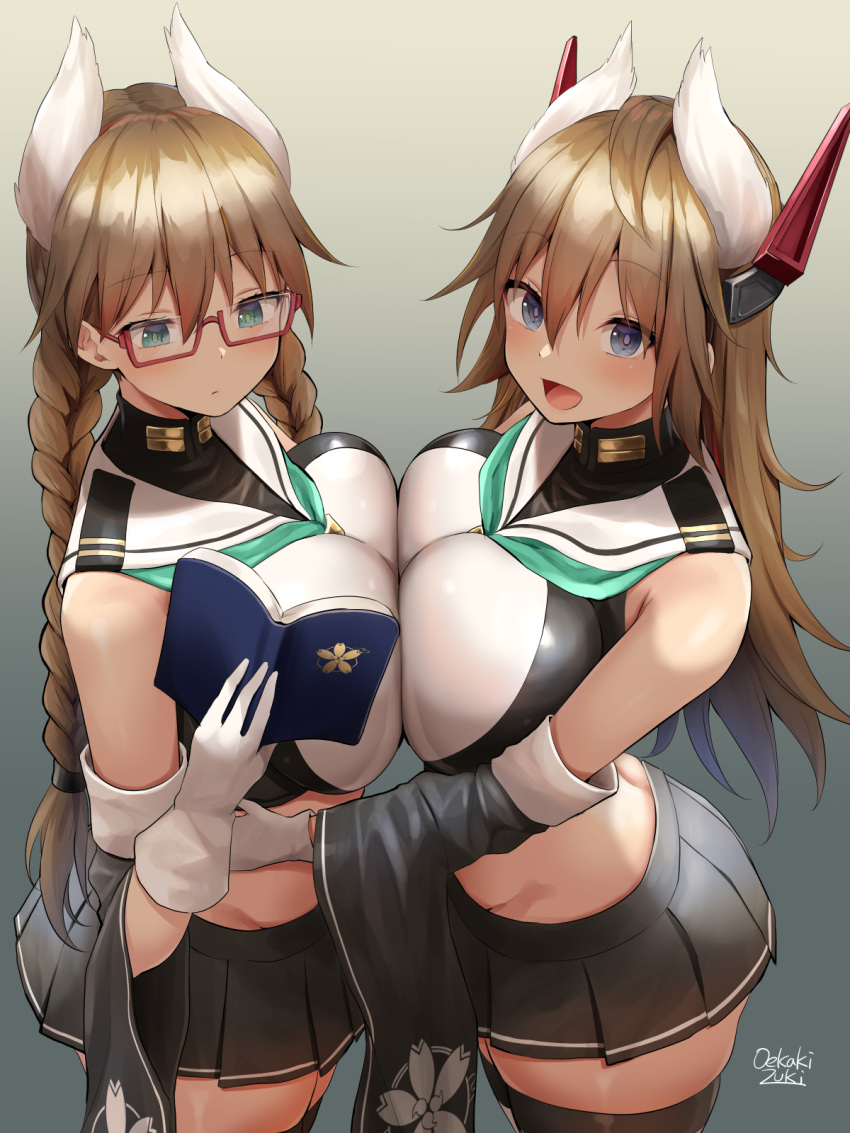 2girls :d animal_ears aqua_eyes azur_lane bare_shoulders between_breasts black_legwear black_skirt blue_eyes blush book braid breast_press breasts brown_hair cherry_blossom_print commentary_request cowboy_shot crop_top detached_sleeves extra_ears floral_print furutaka_(azur_lane) furutaka_(retrofit)_(azur_kane) glasses gloves gradient_background groin hair_between_eyes hand_on_another's_stomach headgear highres holding holding_book kako_(azur_lane) kako_(retrofit)_(azur_lane) large_breasts long_hair looking_at_viewer midriff miniskirt multiple_girls neckerchief necktie necktie_between_breasts oekakizuki open_mouth pleated_skirt red-framed_eyewear sailor_collar school_uniform semi-rimless_eyewear serafuku shirt sidelocks signature skindentation skirt smile symmetrical_docking thighhighs twin_braids twintails under-rim_eyewear undershirt white_gloves wide_sleeves zettai_ryouiki