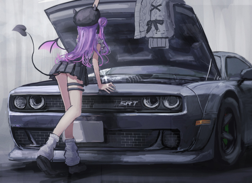 absurdres beret black_bow black_footwear black_hat bow car cardigan commentary_request demon_girl demon_tail demon_wings dodge_(company) dodge_challenger dodge_challenger_(3rd_generation) female from_behind grey_cardigan hair_bun hat highres hololive legs long_hair miniskirt motor_vehicle muscle_car official_alternate_costume purple_hair shirt shiyo_tsubame shoes single_side_bun skirt solo tail tokoyami_towa tokoyami_towa_(jirai_kei) tube_socks unworn_cardigan vehicle_focus virtual_youtuber white_shirt wings