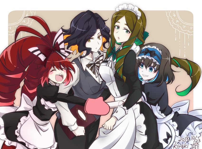 4girls alternate_costume apron blue_eyes bow closed_eyes colored_inner_hair drill_hair enmaided garie_tuman green_eyes hairbow hug hug_from_behind kiraki leiur_darahim long_hair long_sleeves maid maid_apron maid_headdress menu micha_jawkan multicolored_hair multiple_girls multiple_hair_bows open_mouth oven_mitts phara_suyuf red_bow red_hair senki_zesshou_symphogear sharp_teeth smile striped_bow teeth twin_drills very_long_hair waiter yellow_eyes