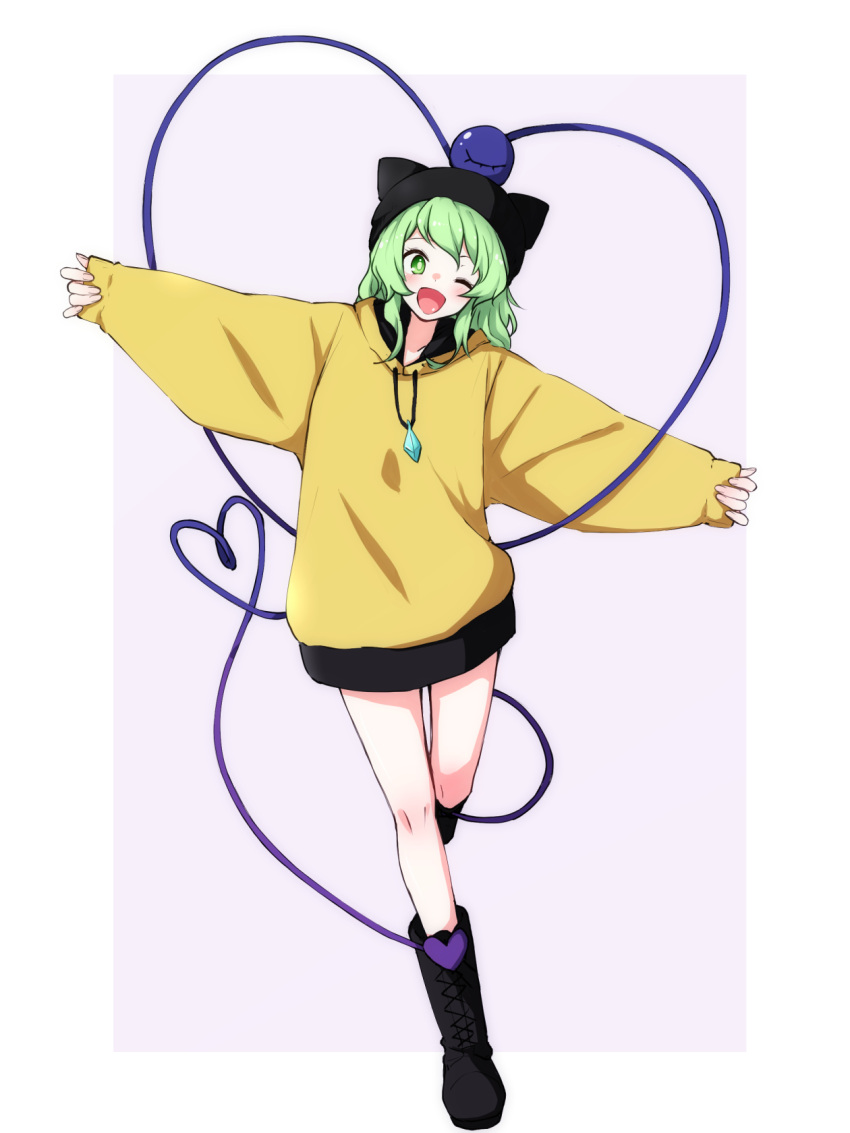 ;d alternate_costume ankle_boots black_footwear black_hat black_skirt boots border casual commentary_request contemporary cross-laced_footwear drawstring eyeball eyebrows_hidden_by_hair female full_body green_eyes green_hair hat heart heart_of_string highres hood hood_down hoodie kameyan komeiji_koishi long_sleeves looking_at_viewer medium_hair miniskirt one_eye_closed open_mouth outstretched_arms purple_background sidelocks skirt sleeves_past_wrists smile solo spread_arms standing standing_on_one_leg third_eye touhou white_border wide_sleeves yellow_hoodie