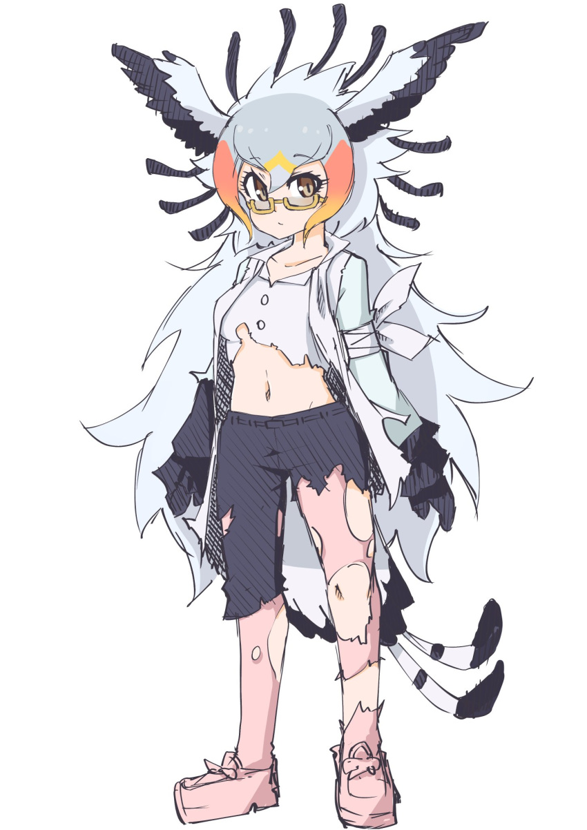 alternate_costume bad_id bad_twitter_id bird_girl bird_tail bird_wings black_gloves black_pants blonde_hair brown_eyes coat commentary_request darusu female full_body glasses gloves grey_hair hair_between_eyes head_wings highres kemono_friends long_hair looking_at_viewer midriff multicolored_hair navel orange_hair pants pantyhose pink_footwear pink_pantyhose secretarybird_(kemono_friends) semi-rimless_eyewear shirt solo survival_friends tail torn_clothes torn_coat torn_pants torn_pantyhose torn_shirt white_coat white_hair white_shirt wings