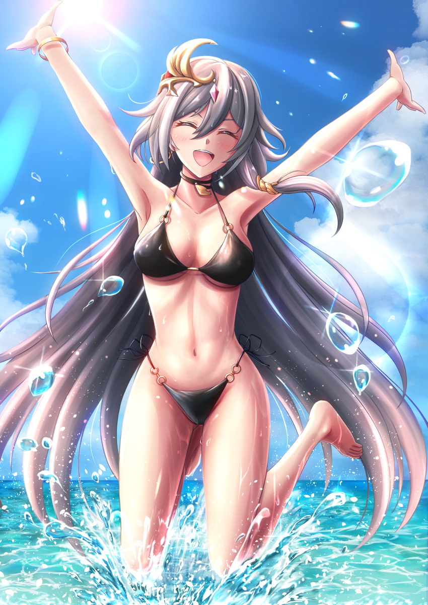 absurdres arms_up bikini blush breasts choker cleavage closed_eyes dead_angels female fu_hua fu_hua_(herrscher_of_sentience) hair_ornament highres honkai_(series) honkai_impact_3rd long_hair navel ocean open_mouth smile solo sunlight swimsuit water