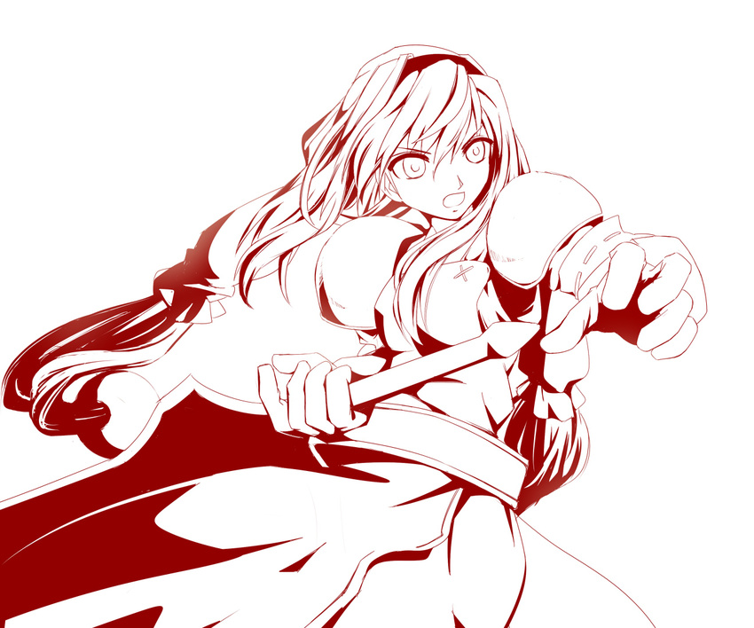 :o anastasia_valeria armor armored_dress commentary_request dress female gloves kotorippi long_hair low-tied_long_hair monochrome solo sword twintails very_long_hair weapon wild_arms wild_arms_2