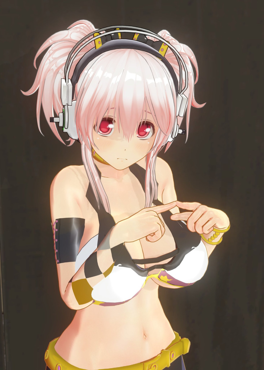 3d blush breasts cleavage commentary_request cosplay custom_maid_3d female headphones highres jougasaki_mika jougasaki_mika_(cosplay) large_breasts long_hair looking_at_viewer nitroplus pink_eyes pink_hair solo super_sonico twintails two_side_up uld_macaron