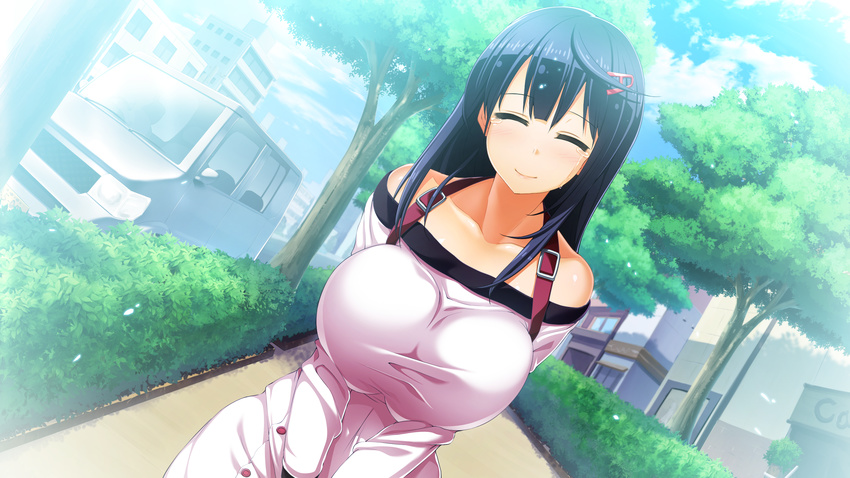 bare_shoulders black_hair blush breasts car closed_eyes clouds collarbone dress female game_cg happy highres kanzen_jikan_teishi large_breasts long_hair long_sleeves motor_vehicle outdoors satsuki_shiho sky smile solo standing tears trees uo_denim upper_body vehicle