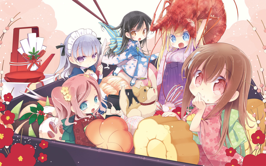 5girls :d :o :t alice_third_macy animal animal_on_head aqua_eyes black_hair blonde_hair blue_eyes blush braid brown_eyes brown_hair canine cerberus_(koi_suru_kanojo_no_bukiyou_na_butai) chewing chibi chiyoda_momoka chopsticks colored_eyelashes eating floral_print flower food food_on_face hair_flower hair_ornament hakama hakama_skirt hand_to_own_mouth highres holding in_food japanese_clothes kimono koi_suru_kanojo_no_bukiyou_na_butai kokonoe_maria long_hair looking_at_viewer maid maid_headdress mini_person minigirl mitaonsha multiple_girls mushroom nanase_sena obi on_head open_mouth osechi parted_bangs pink_hair purple_eyes purple_hair purple_hakama red_eyes sash scared shrimp side_braid skirt smile surprised tabi togawa_mayuu twintails two_side_up