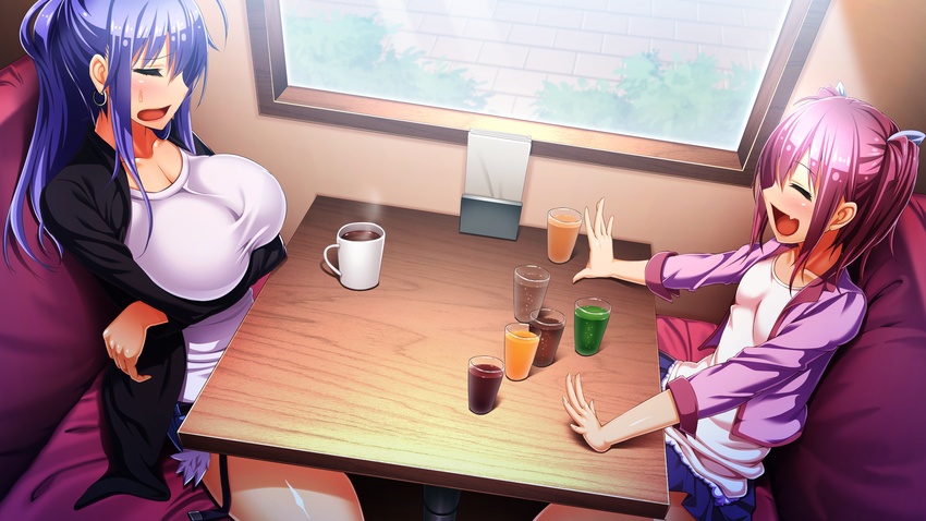 2girls bare_legs blue_hair blue_skirt blush breasts cleavage closed_eyes coffee crossed_arms cup drink earrings game_cg happy highres izumi_kirika juice kagurazaka_ichigo kanzen_jikan_teishi large_breasts legs long_hair long_sleeves multiple_girls open_mouth pink_hair ponytail sitting skirt small_breasts smile table thighs twintails uo_denim window