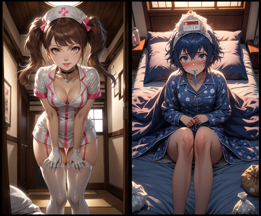 2_panel 2girls ai_generated atlus backlit bedhead bedside_table blanket blue_eyes blue_hair blush blushing_profusely breast_pocket brown_hair buttons clavicles cleavage cleavage_focus collared_dress collared_shirt dominant_female eyebrows eyebrows_hidden_by_hair eyebrows_raised eyelashes fanfic_art female_focus female_only fever garter_straps glossy_lips hallway_in_background hands_on_thighs hands_together heart_choker heavy_blush high-angle_view ice ice_bag ice_on_head imminent_sex japanese_house knees_up kujikawa_rise lace-trimmed_bra lace_trim latex latex_clothing latex_gloves latex_legwear latex_nurse latex_stockings latex_thighhighs leaning_forward legs_together light_brown_eyes light_reflection long_sleeve_shirt looking_at_viewer low-angle_view medicine medicine_bottle megami_tensei mini_dress nervous nervous_face nervous_female nurse nurse_cap nurse_clothing nurse_headwear nurse_outfit nurse_uniform overhead_light pajama_shirt pajama_shorts pajamas persona persona_4 persona_4_the_golden pictures_in_background pink_lines pink_lips pov pov_eye_contact reaction_image roleplay seductive seductive_look seductive_smile sega shin_megami_tensei shiny_skin shipping shirogane_naoto short_hair short_sleeves shot_reverse_shot showing_off showing_off_breasts sick silhouette sitting sitting_on_bed standing standing_in_doorway submissive_female suggestive suggestive_look suggestive_smile thermometer thermometer_in_mouth twintails white_clothing white_dress white_gloves white_latex white_latex_gloves white_latex_legwear white_latex_thighhighs white_legwear yuri zipper_down