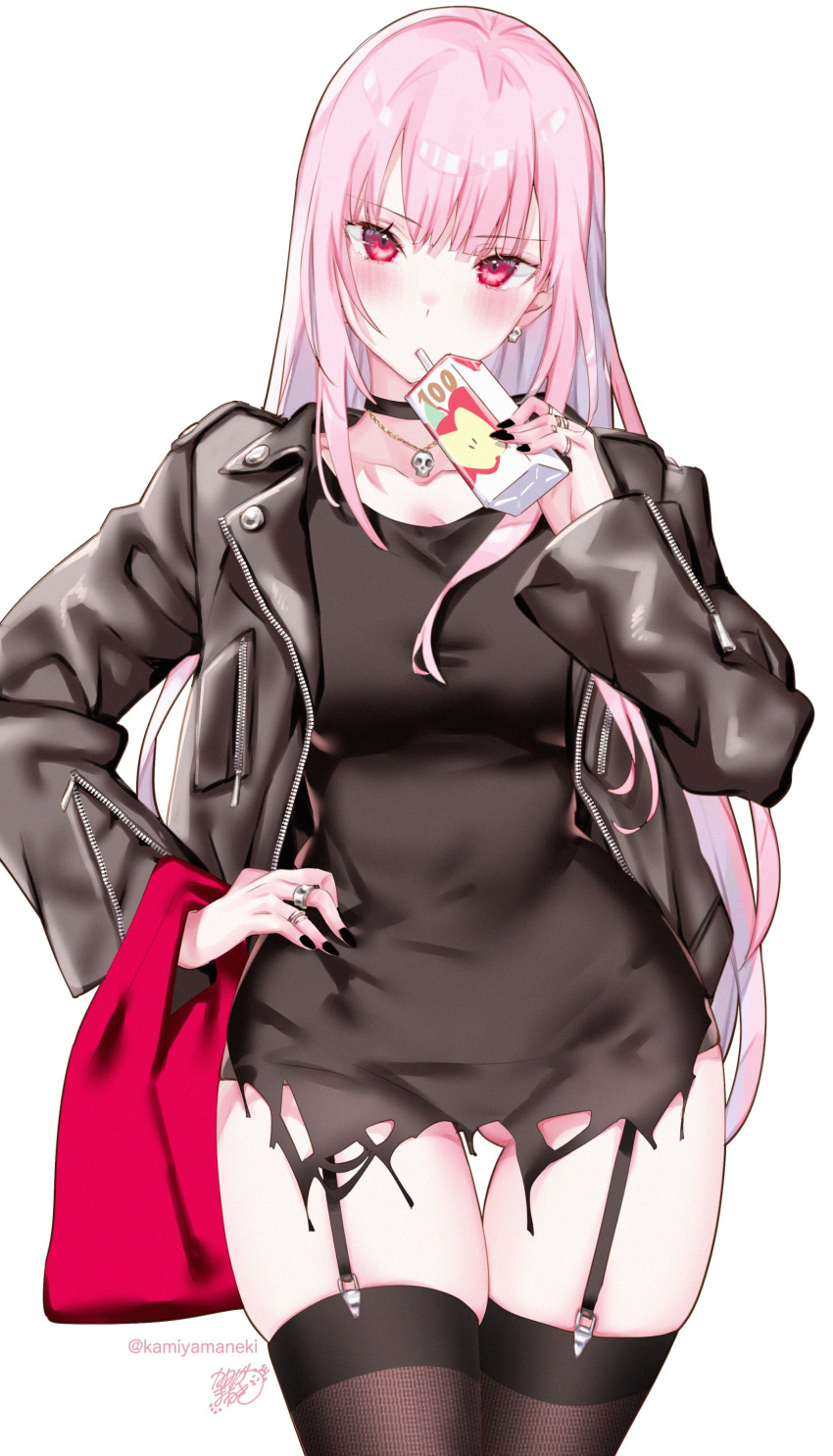 absurdres alternate_costume artist_name ass_visible_through_thighs black_jacket black_skirt black_thighhighs blush breasts collarbone commentary female highres holding_juice_box hololive hololive_english jacket kamiya_maneki large_breasts long_hair long_sleeves looking_at_viewer mori_calliope pink_eyes pink_hair shirt simple_background skirt solo thighhighs torn_clothes torn_shirt twitter_username virtual_youtuber white_background