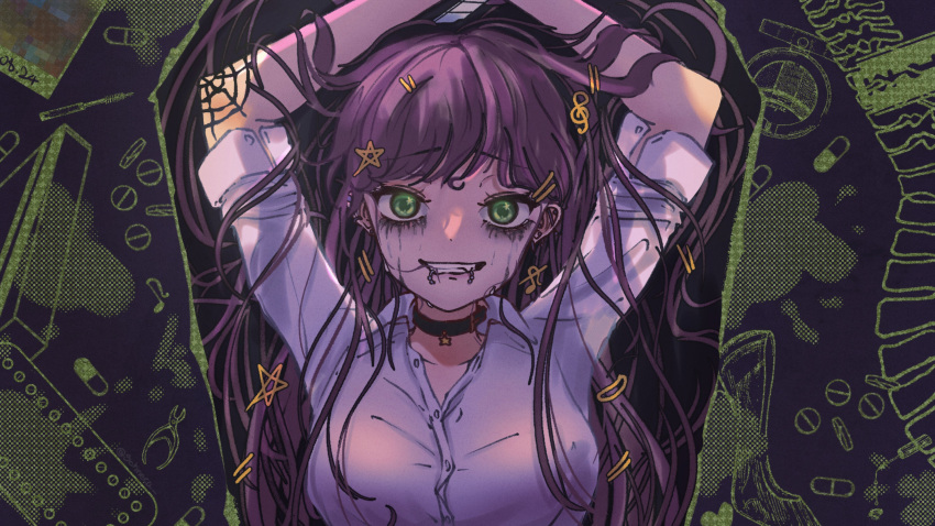 absurdres black_choker boxcutter breasts choker collared_shirt female green_eyes hair_ornament hairclip highres indie_virtual_youtuber lip_piercing looking_at_viewer medium_breasts miori_celesta musical_note musical_note_hair_ornament parody parted_lips piercing raki_(raki_gaki) runny_makeup sad_girl_sex_(vocaloid) shirt smile solo star_(symbol) star_choker star_hair_ornament virtual_youtuber white_shirt