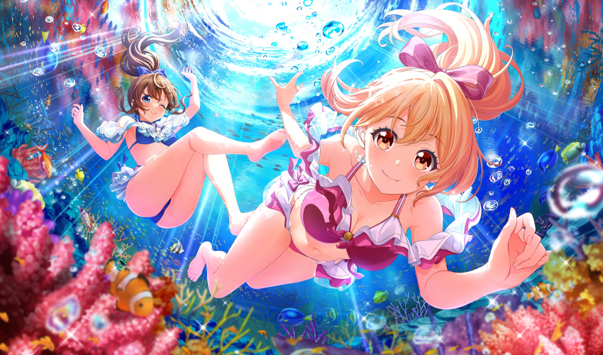 2girls :t ;) air_bubble arihara_tsubasa barefoot bikini blonde_hair blue_bikini blue_bow blue_eyes bow brown_eyes brown_hair bubble cinderella_series closed_mouth clownfish collarbone coral fish fisheye frilled_bikini frills from_below full_body game_cg hachigatsu_no_cinderella_nine hair_between_eyes hairbow high_ponytail highres holding_breath light_rays long_hair looking_at_viewer multiple_girls navel non-web_source official_alternate_hairstyle official_art one_eye_closed purple_bikini purple_bow regal_blue_tang smile swimsuit takanashi_yuzu tropical_fish underwater