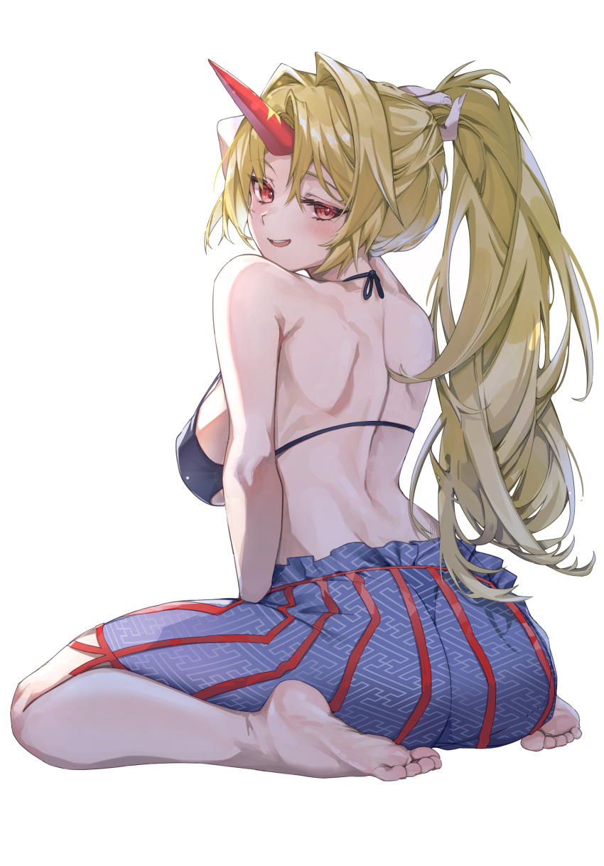 absurdres ass back backlighting barefoot bikini bikini_top_only blonde_hair blue_skirt breasts commentary_request feet female from_behind full_body high_ponytail highres horns hoshiguma_yuugi long_hair long_skirt looking_at_viewer looking_back no_panties no_shirt red_eyes red_horns see-through_clothes single_horn sitting skirt smile soles solo star_(symbol) star_print striped_clothes striped_skirt swimsuit tadano1129 toenails toes touhou wariza white_background