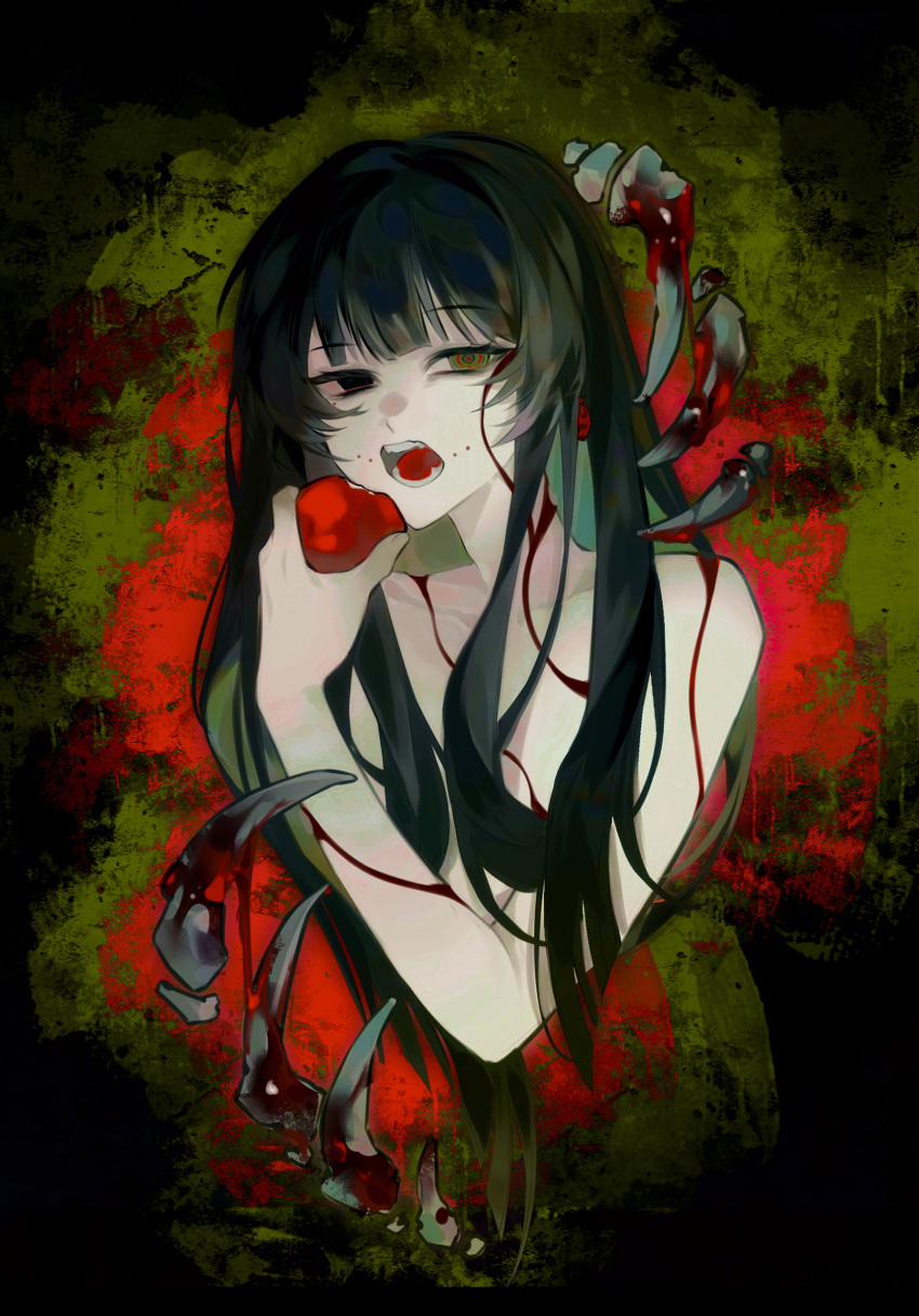 aosadekuermanpifa apple black_eyes black_hair blood blood_on_arm blood_on_chest blood_on_face blood_on_neck colored_inner_hair cropped_torso facial_mark female food fruit green_eyes green_hair hair_censor heterochromia highres holding holding_food holding_fruit long_hair multicolored_hair naihe_(female)_(touqi_guaitan) nude open_mouth solo touqi_guaitan two-tone_hair