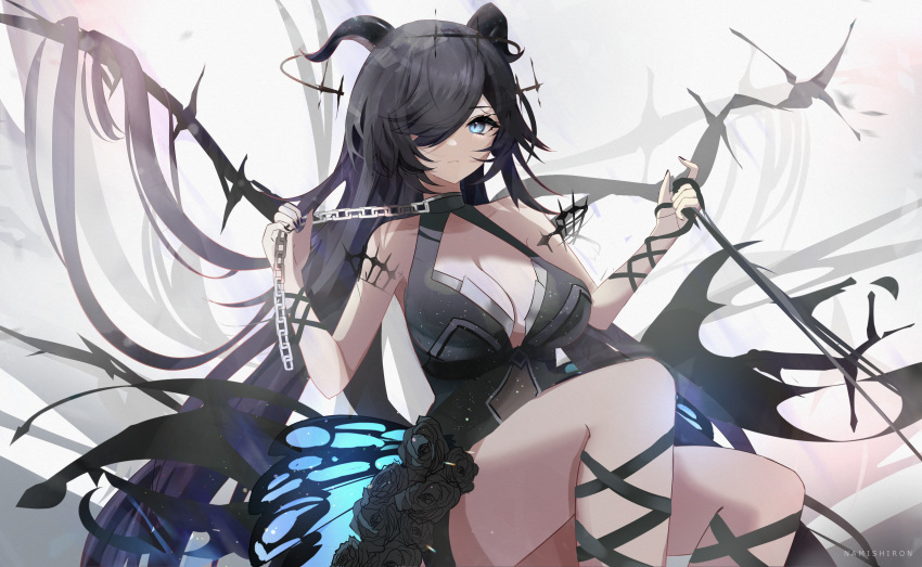 absurdly_long_hair absurdres artist_name black_dress black_flower black_hair blue_eyes breasts bug butterfly butterfly_wings chains closed_mouth collarbone commentary dress english_commentary eyelashes female flower frown hair_over_one_eye highres holding holding_chain horns insect_wings large_breasts long_hair low_wings namishiron original rose solo thighs very_long_hair wings