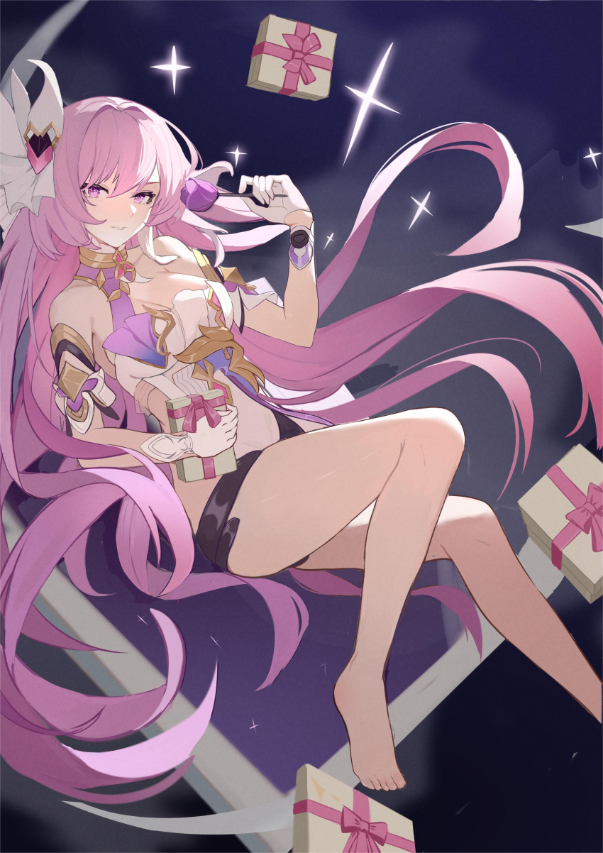 absurdres bare_legs bare_shoulders barefoot black_shorts box breasts cleavage corset diamond-shaped_pupils diamond_(shape) elysia_(herrscher_of_human:_ego)_(honkai_impact) elysia_(honkai_impact) feet female gift gift_box gloves highres holding holding_gift honkai_(series) honkai_impact_3rd lao_xi large_breasts legs long_hair looking_at_viewer micro_shorts multicolored_hair night night_sky parted_lips pink_hair purple_eyes shorts sky solo star_(sky) symbol-shaped_pupils toes triquetra two-tone_hair very_long_hair white_corset white_gloves white_hair