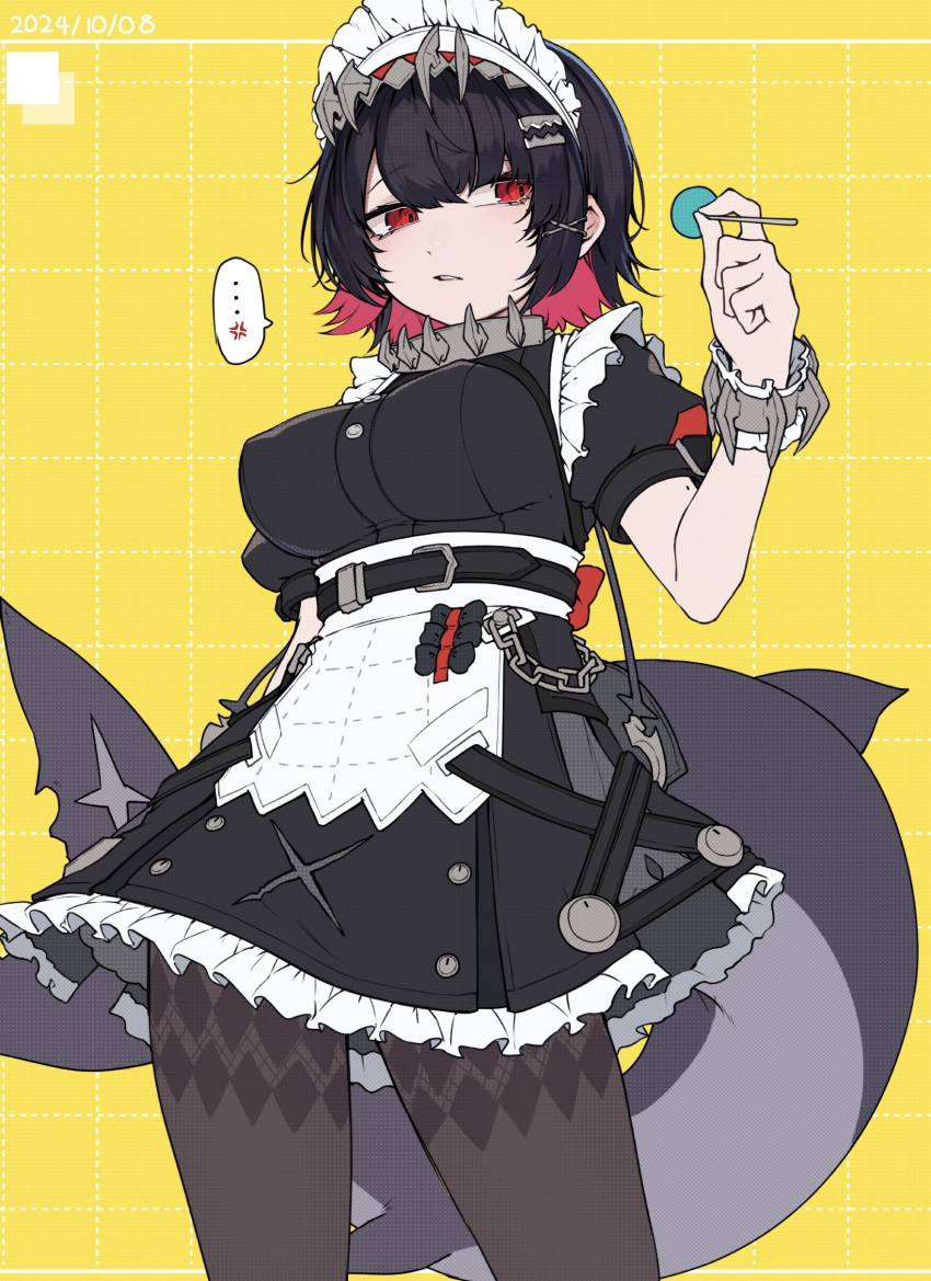 ... absurdres anger_vein black_dress black_hair black_pantyhose breasts candy chains collar colored_inner_hair commentary_request cowboy_shot dated dress ellen_joe female fins fish_tail food frilled_dress frilled_wristband frills hair_between_eyes hair_ornament hairclip hatyuuruinohito highres holding holding_candy holding_food holding_lollipop impossible_clothes impossible_dress large_breasts large_tail lollipop looking_to_the_side maid maid_headdress metal_collar metal_hairband mole mole_on_arm multicolored_hair pantyhose parted_lips puffy_short_sleeves puffy_sleeves red_eyes scar scar_on_tail shark_girl shark_tail short_hair short_sleeves sideways_glance solo spoken_ellipsis standing tail teeth two-tone_hair x_hair_ornament yellow_background zenless_zone_zero