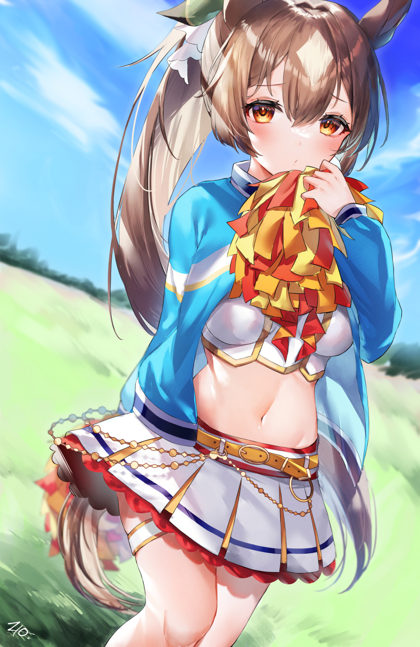 40_(0f0urw) absurdres animal_ears blue_jacket blush brown_hair cheerleader commentary_request cosplay cowboy_shot crop_top ear_ornament female hair_between_eyes heart highres holding holding_pom_poms horse_ears horse_girl jacket long_hair long_sleeves looking_at_viewer midriff multicolored_hair navel nice_nature_(run&win)_(umamusume) nice_nature_(umamusume) nice_nature_(umamusume)_(cosplay) open_clothes open_jacket pom_pom_(cheerleading) ponytail red_eyes satono_diamond_(umamusume) signature solo two-tone_hair umamusume very_long_hair white_hair yellow_eyes