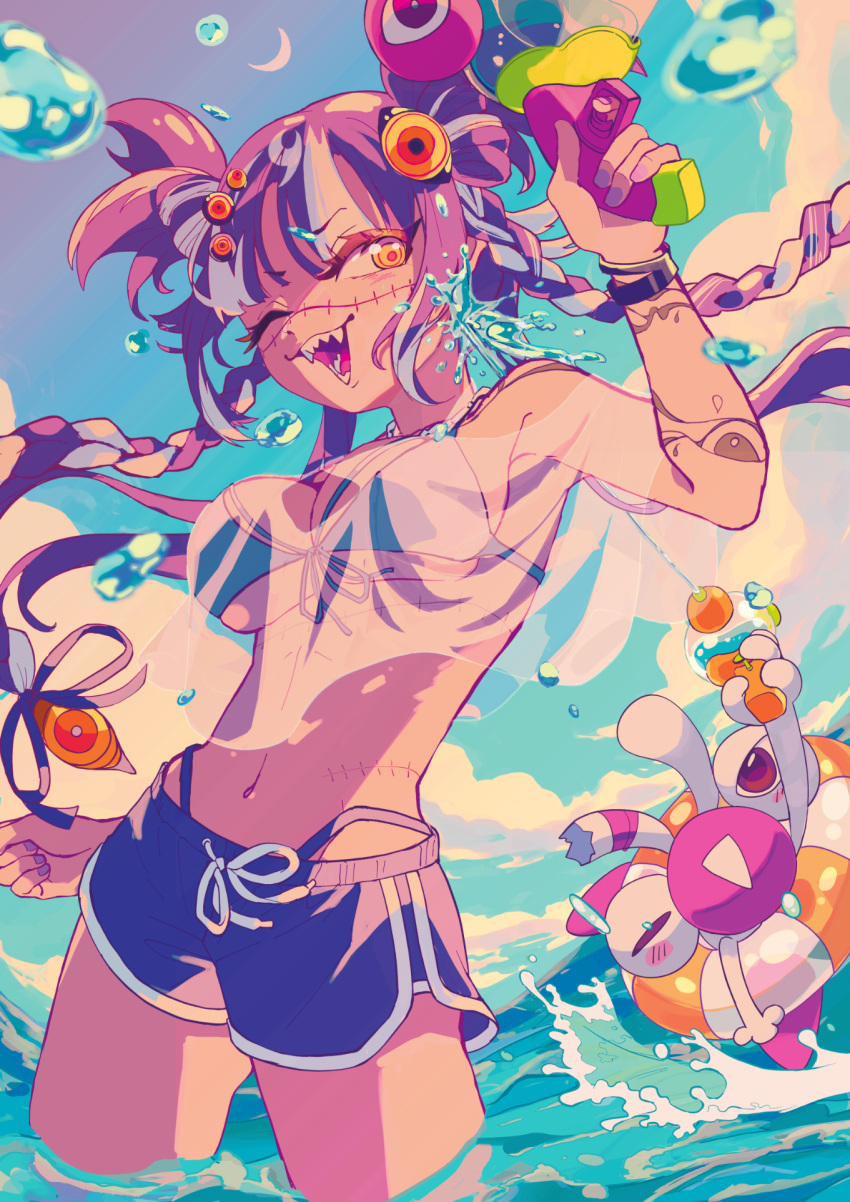 bikini bikini_under_clothes black_bikini black_shorts blue_sky braid breasts cloud grey_hair highres holding holding_water_gun jared_(michi_mochievee) large_breasts long_hair looking_at_viewer mago_oowarawa michi_mochievee michi_mochievee_(summer) navel official_art one_eye_closed patchwork_skin purple_hair shorts shoulder_tattoo sky smile swimsuit tattoo twin_braids virtual_youtuber vshojo wading water water_gun yellow_eyes