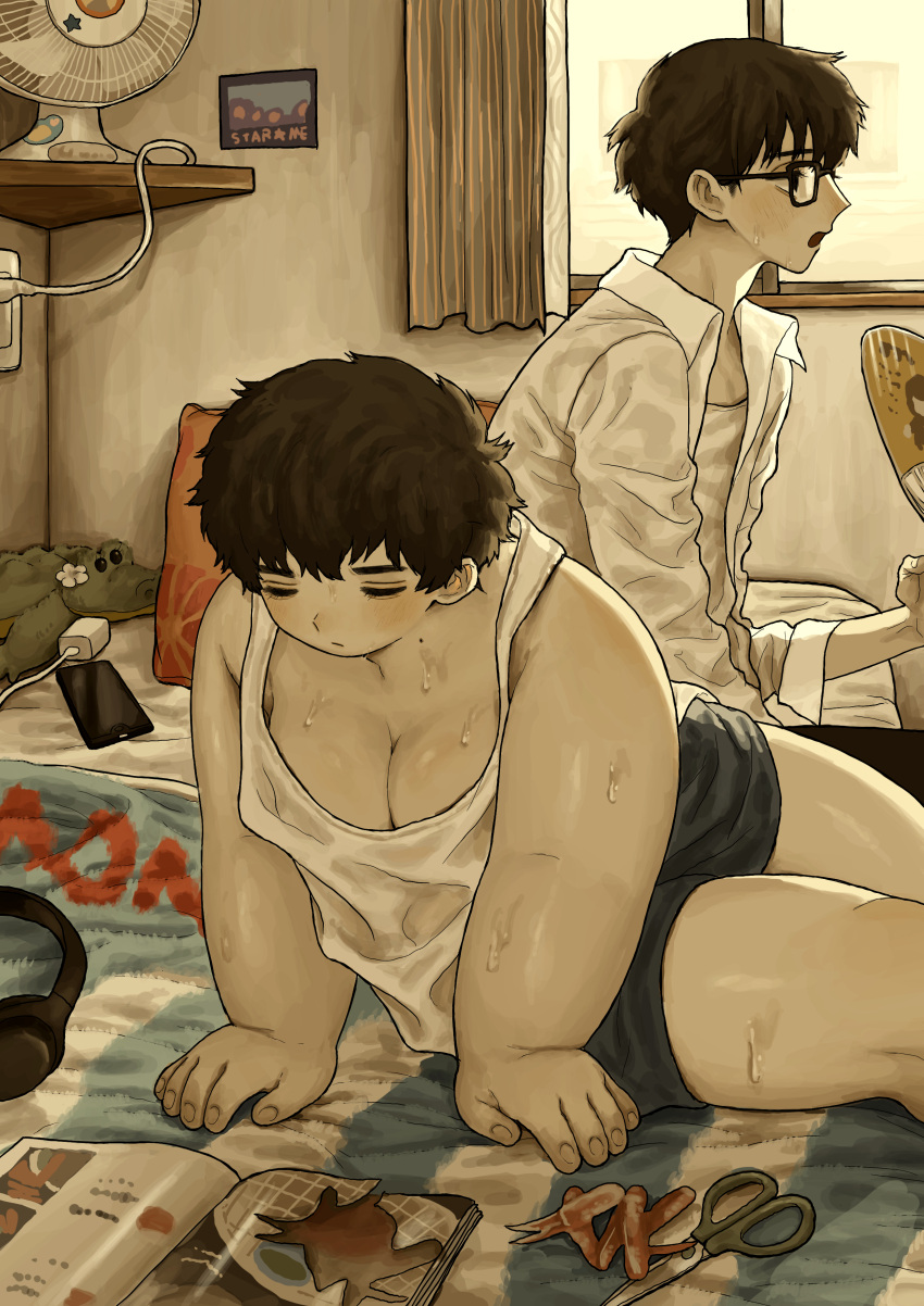 2boys a3dyqtlpqjcuqvs absurdres brown_hair commentary_request electric_fan fat full_body glasses hand_fan highres hot indoors magazine_(object) male_focus multiple_boys original shirt short_hair shorts sitting sweat tank_top