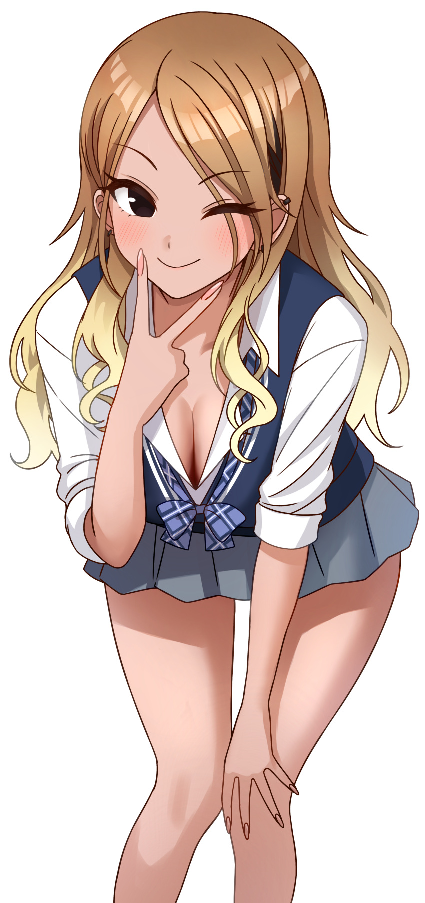 ;) absurdres black_eyes blonde_hair blue_bow blue_bowtie blue_vest blush bow bowtie breasts brown_hair cleavage closed_mouth collared_shirt commentary_request cowboy_shot dark-skinned_female dark_skin earrings female gradient_hair grey_skirt gyaru hand_up highres idolmaster idolmaster_shiny_colors izumi_mei jewelry kogal large_breasts leaning_forward long_hair looking_at_viewer miniskirt multicolored_hair nail_polish niban_(puka_0507) one_eye_closed open_collar pink_nails plaid_bow plaid_bowtie plaid_clothes pleated_skirt school_uniform shirt simple_background skirt smile solo standing tan v vest white_background white_shirt