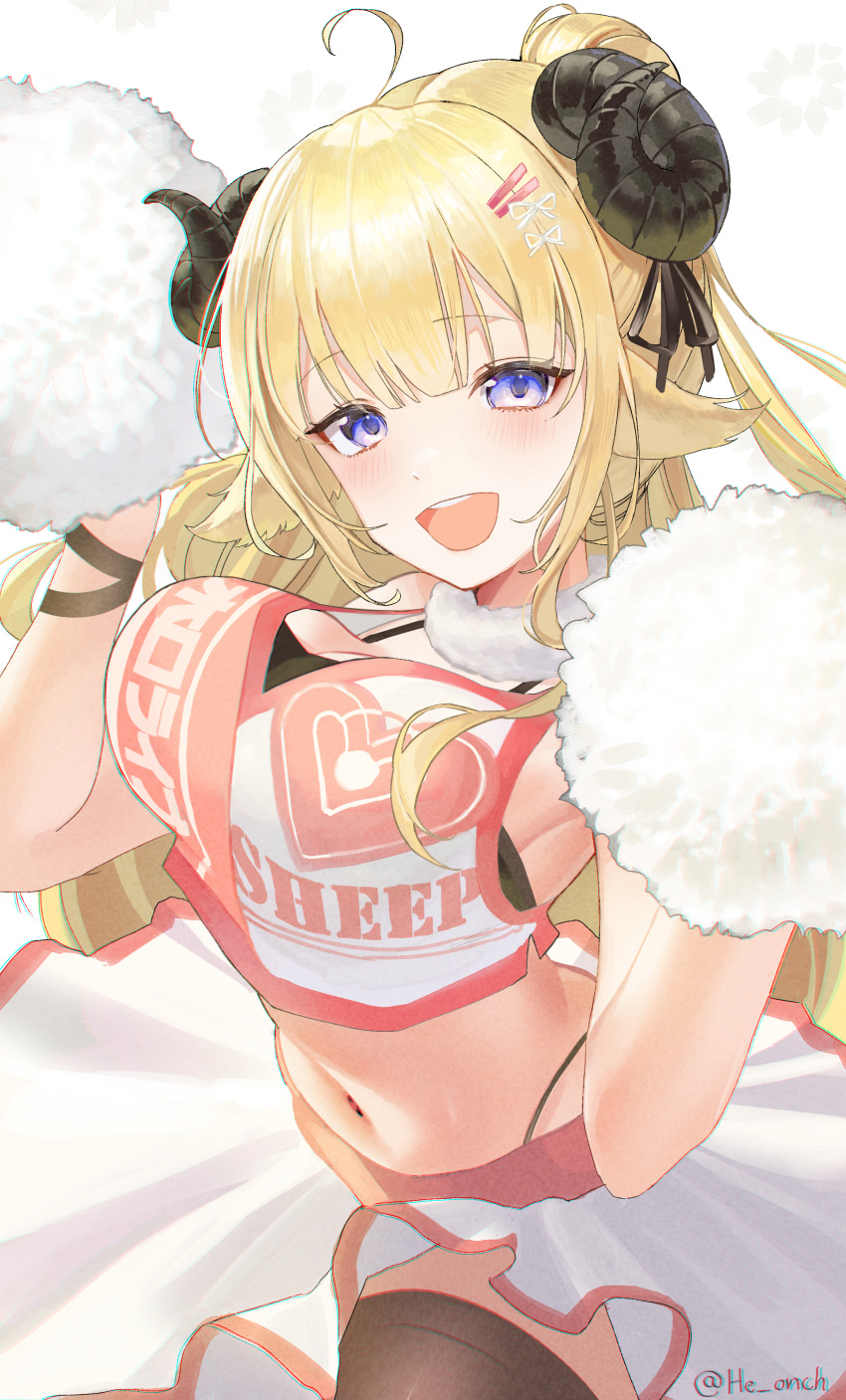 :d absurdres ahoge alternate_costume animal_ears black_thighhighs blonde_hair blush breasts cheerleader clothes_writing crop_top female hair_ornament hair_ribbon hairclip highleg highres holding holding_pom_poms hololive horns large_breasts long_hair looking_at_viewer makigaihe midriff navel open_mouth pom_pom_(cheerleading) ponytail purple_eyes ribbon sheep_ears sheep_girl sheep_horns shirt simple_background skirt sleeveless smile solo stomach teeth thighhighs tsunomaki_watame twitter_username underwear upper_teeth_only very_long_hair virtual_youtuber white_background white_skirt