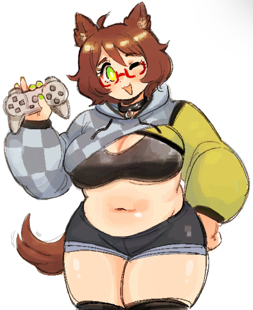 :3 ahoge animal_ear_fluff animal_ears belly blush breasts brown_hair brown_tail cleavage collar controller cowboy_shot cropped_hoodie denim denim_shorts dog_ears dog_girl dot_nose edie_crop_hoodie fat female game_controller glasses green_eyes green_nails hand_on_own_hip hashtag-only_commentary highres holding holding_controller holding_game_controller hood hoodie indie_virtual_youtuber jaggy_lines long_sleeves looking_at_viewer medium_hair meme_attire mint_castella navel one_eye_closed open_mouth pie_(aipiepo) red-framed_eyewear semi-rimless_eyewear short_shorts shorts simple_background solo stomach thick_thighs thighs under-rim_eyewear virtual_youtuber white_background