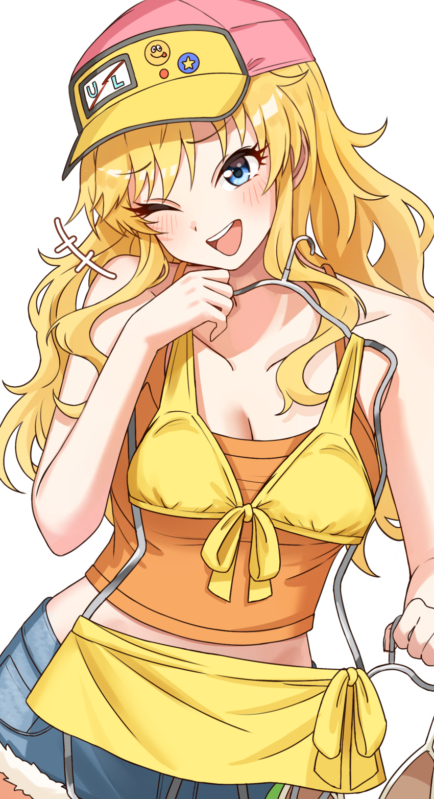 ;d absurdres bare_shoulders baseball_cap bikini blonde_hair blue_eyes blush breasts cleavage clothes_hanger clothes_in_front collarbone commentary_request cropped_shirt denim denim_shorts female hat highres holding holding_clothes_hanger idolmaster idolmaster_cinderella_girls long_hair looking_at_viewer medium_breasts midriff niban_(puka_0507) ohtsuki_yui one_eye_closed orange_shirt shirt shorts simple_background sleeveless smile solo swimsuit unworn_bikini very_long_hair white_background yellow_bikini