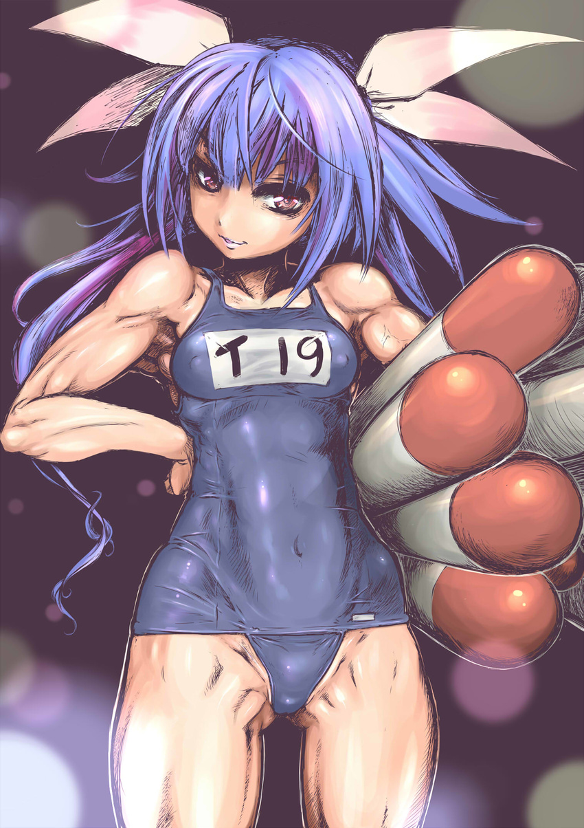 abs armpits ass_visible_through_thighs bare_arms bare_shoulders biceps blue_hair breasts character_name commentary_request covered_navel cowboy_shot crosshatching female groin hand_on_own_hip hatching_(texture) highres i-19_(kancolle) juubaori_mashumaro kantai_collection lips long_hair medium_breasts multicolored_hair muscular muscular_female name_tag old_school_swimsuit one-piece_swimsuit pink_hair red_eyes school_swimsuit school_swimsuit_flap skin_tight smile solo standing swimsuit torpedo