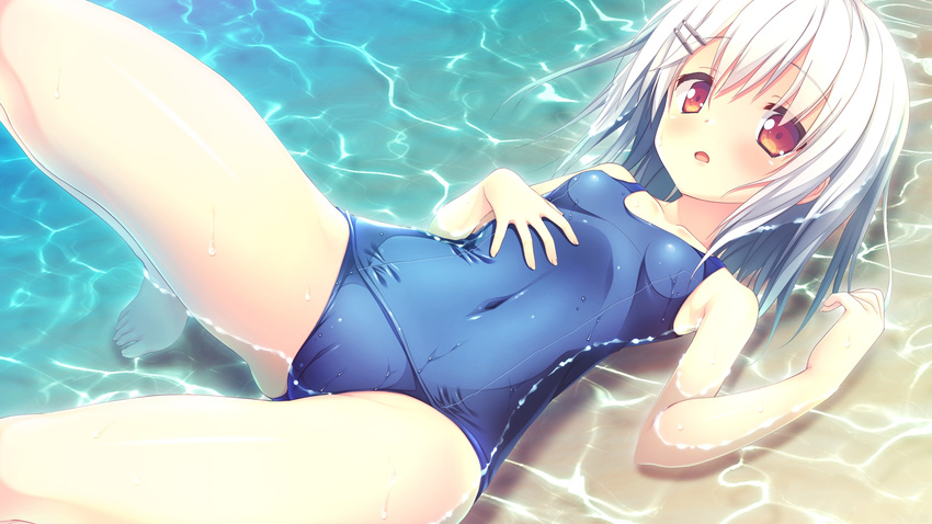 :o barefoot beach blush cameltoe covered_navel female from_above game_cg grey_hair hair_ornament hairclip highres looking_at_viewer love_rec. nimura_yuuji old_school_swimsuit one-piece_swimsuit open_mouth outdoors school_swimsuit short_hair solo swimsuit water wet yanase_hitomi